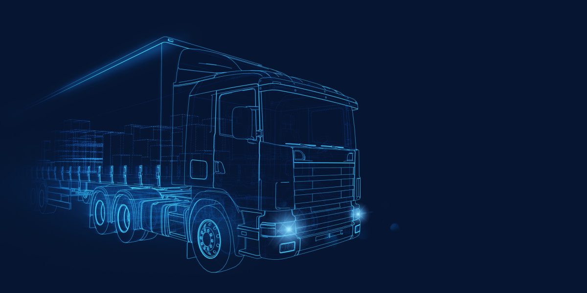 Wireframe drawing of a lorry on a blue background